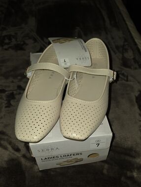 Serra Women's Beige Perforated Mary Jane Flats
